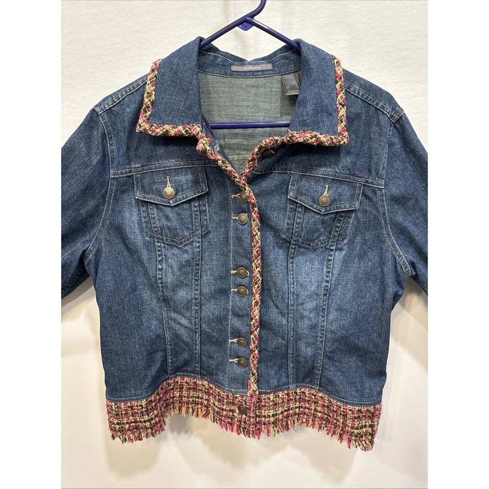 Liz Claiborne Jacket Womens XL Boho Jean Jacket Hippie Colorful Accents Fringe - Picture 1 of 16